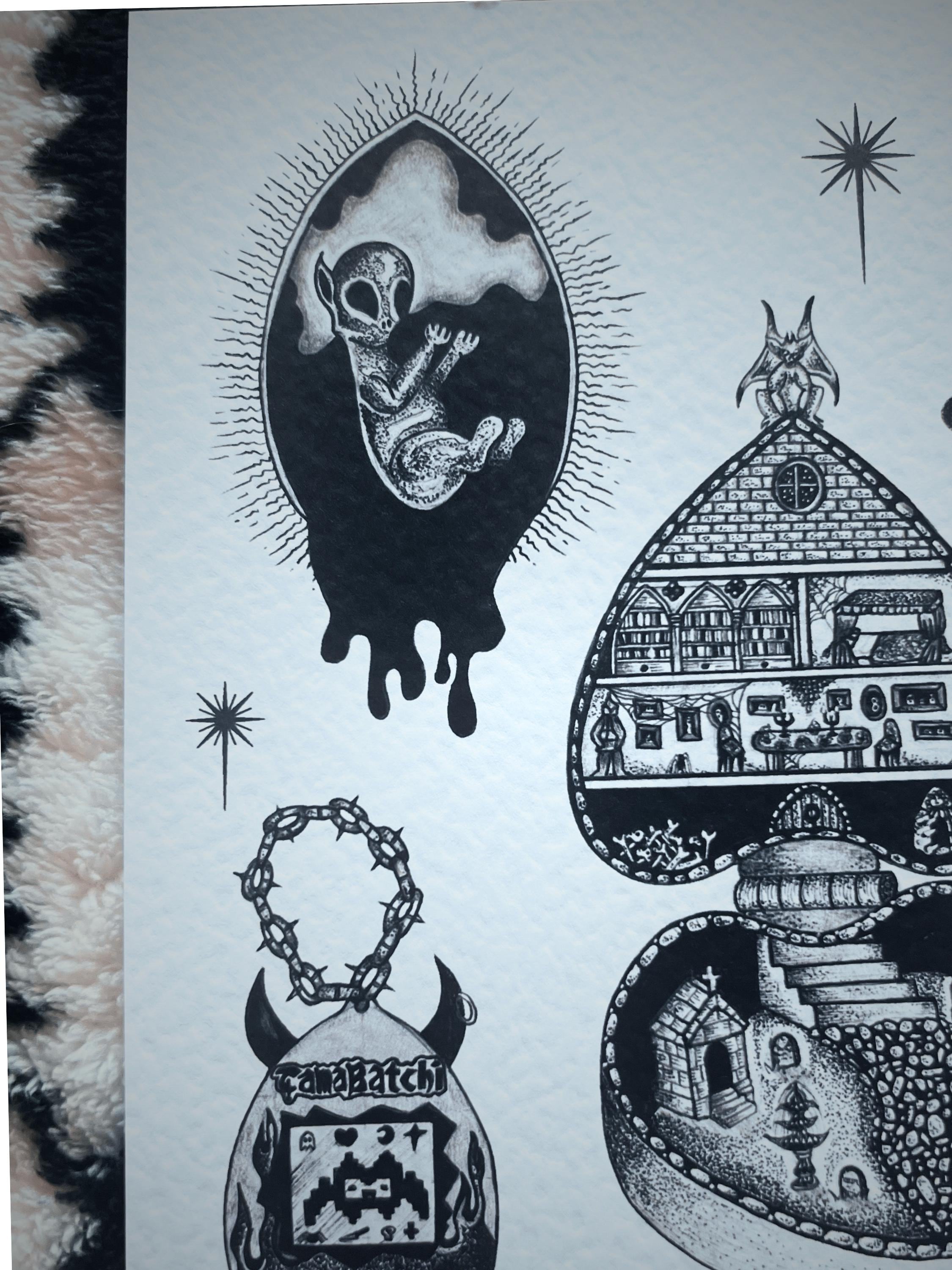 Gothic Art Print Furby, Black Tattoo Flash, A4, Dotwork Illustration