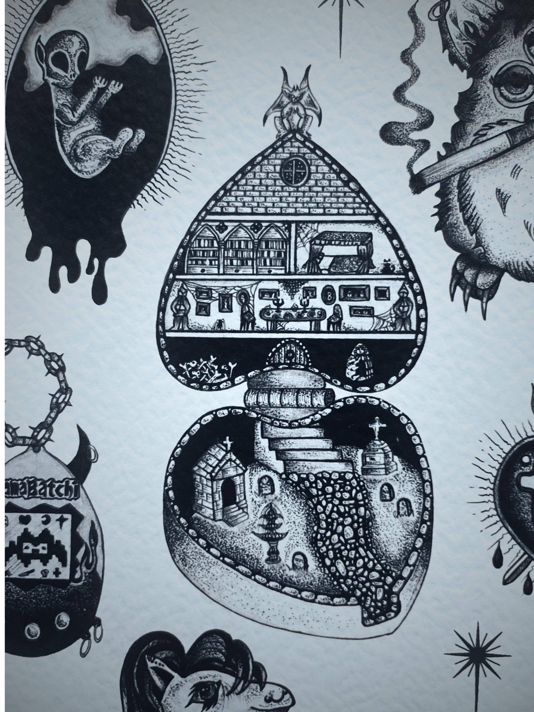 Gothic Art Print Furby, Black Tattoo Flash, A4, Dotwork Illustration