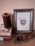 Skull ramen print illustration, A5 blackwork dotwork wall art
