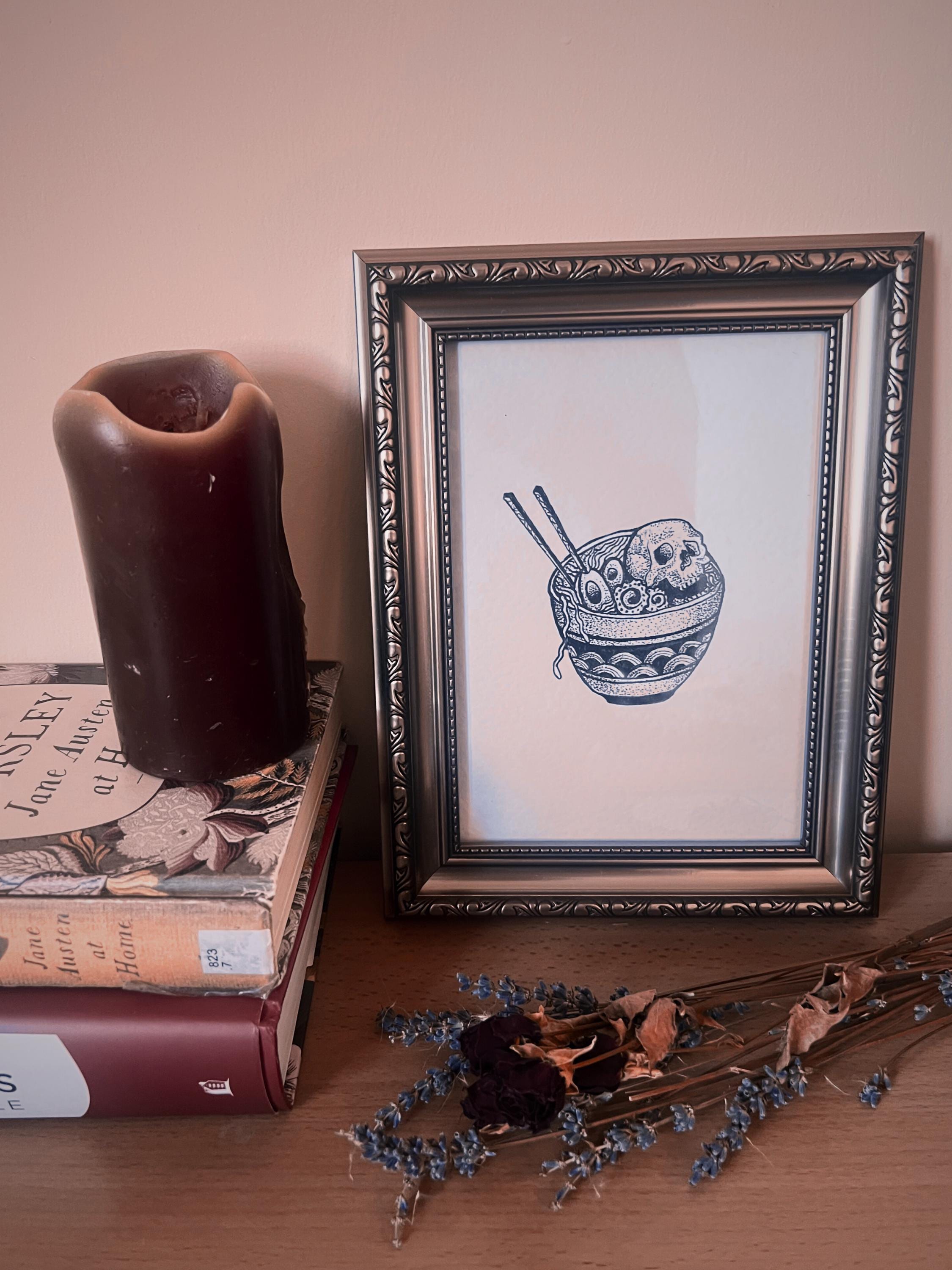 Skull ramen print illustration, A5 blackwork dotwork wall art
