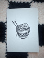 Skull ramen print illustration, A5 blackwork dotwork wall art