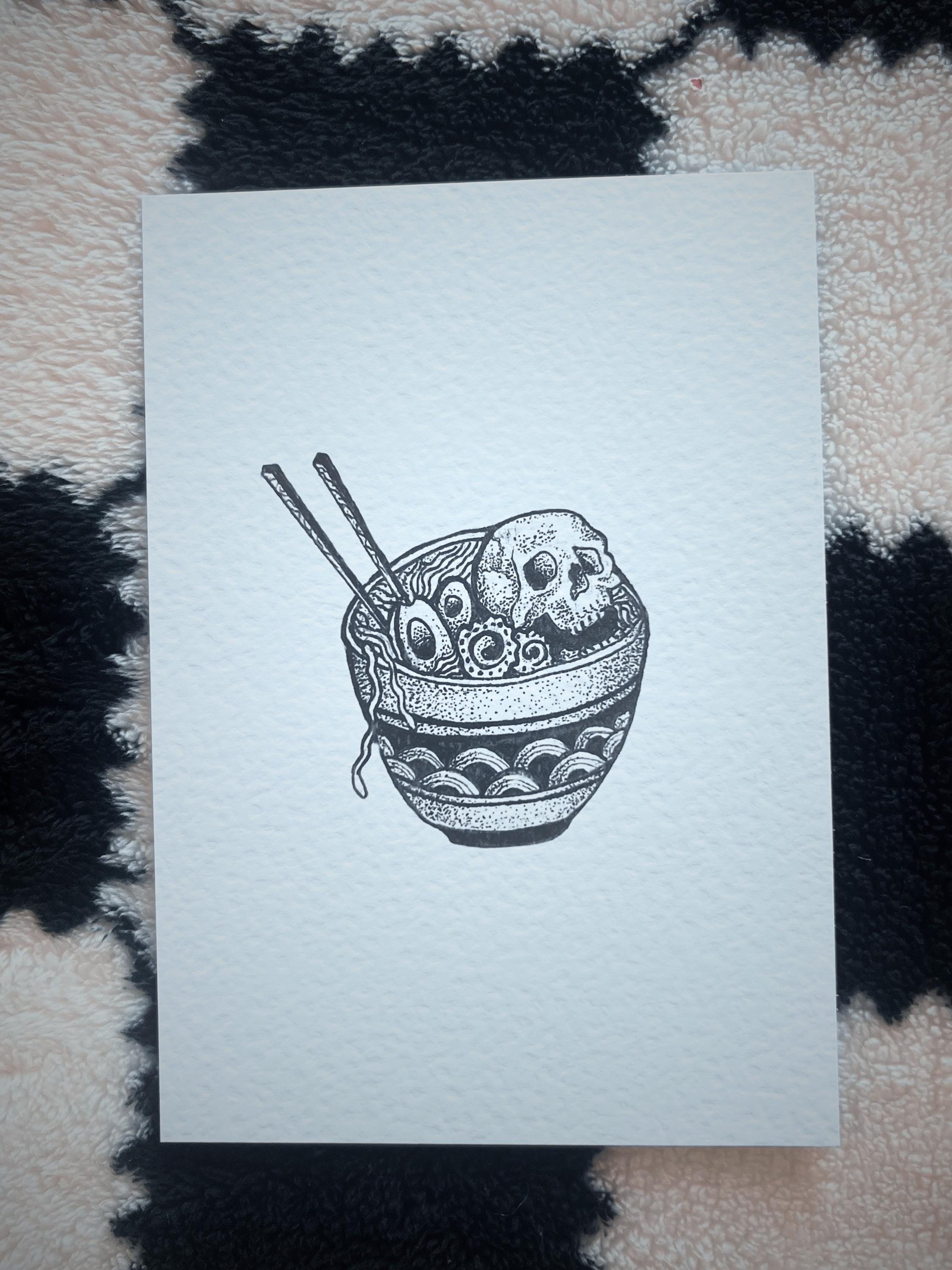 Skull ramen print illustration, A5 blackwork dotwork wall art