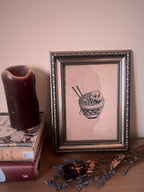 Skull ramen print illustration, A5 blackwork dotwork wall art