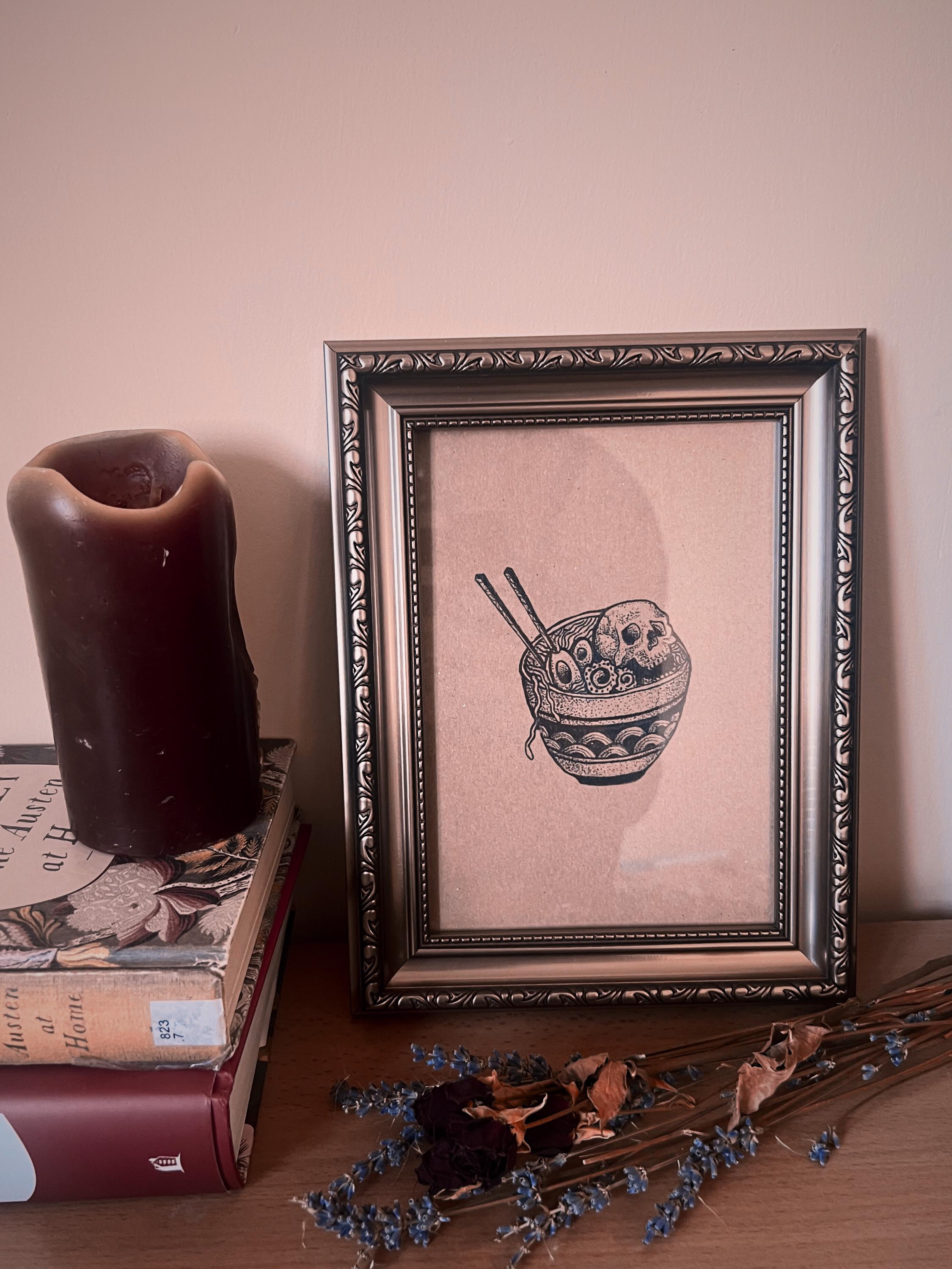 Skull ramen print illustration, A5 blackwork dotwork wall art