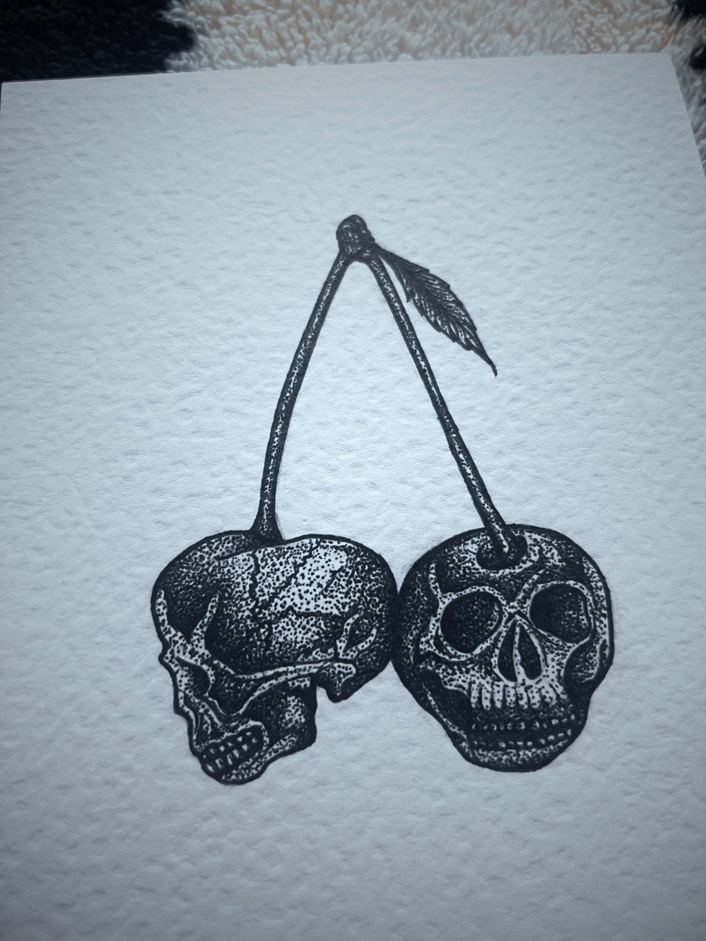 Gothic Cherry Skull Print, A5 Dotwork Illustration, Black Ink Wall Hanging