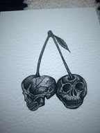 Gothic Cherry Skull Print, A5 Dotwork Illustration, Black Ink Wall Hanging