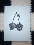 Gothic Cherry Skull Print, A5 Dotwork Illustration, Black Ink Wall Hanging