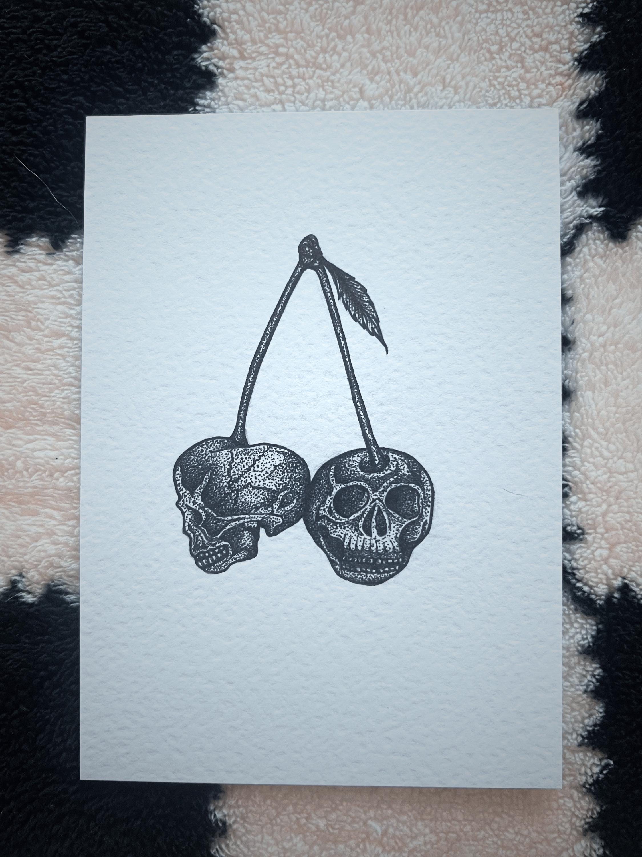 Gothic Cherry Skull Print, A5 Dotwork Illustration, Black Ink Wall Hanging