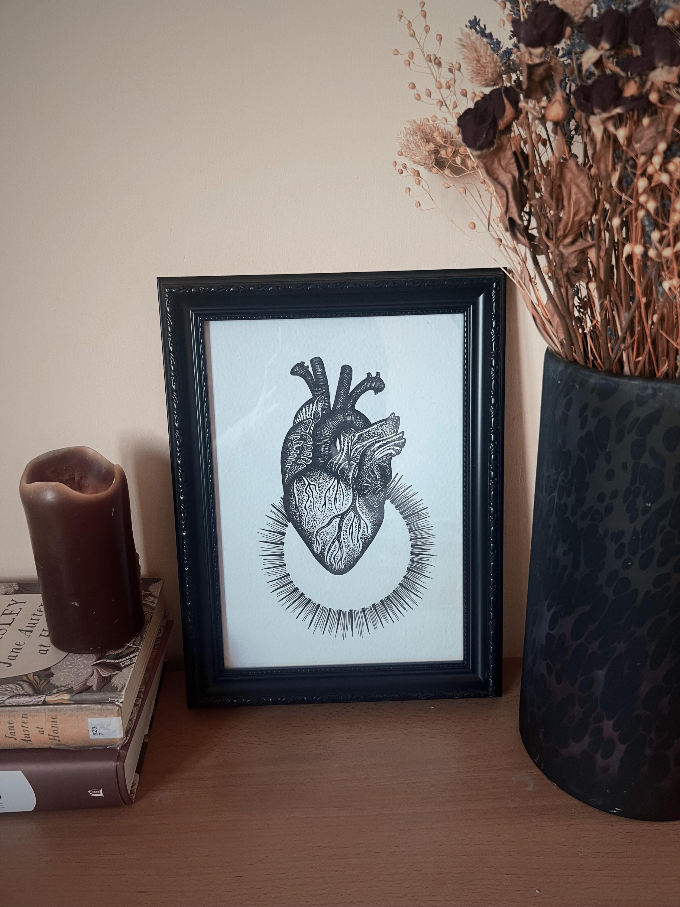 Anatomical heart art print, A4 wall art, blackwork dotwork