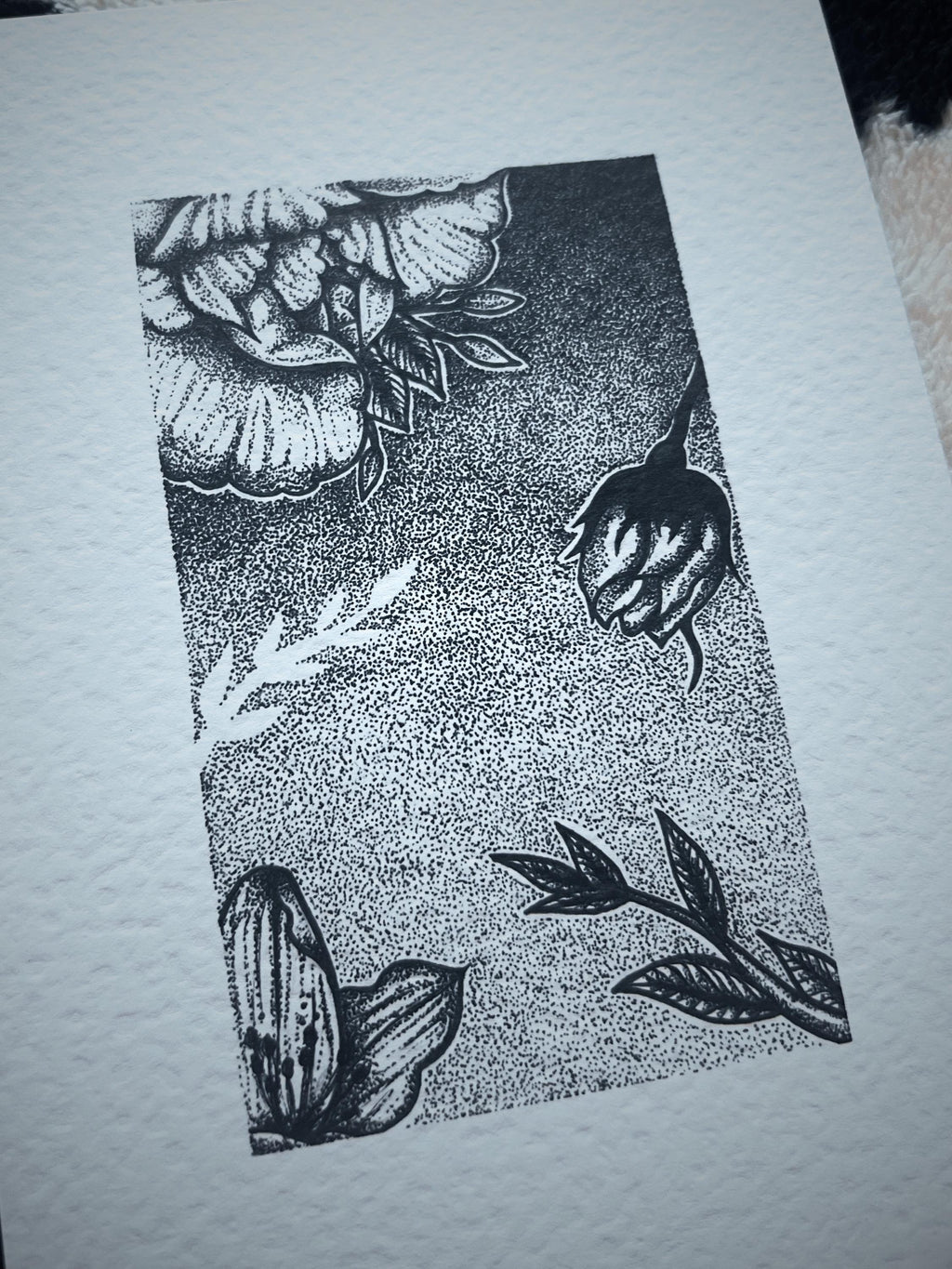 Floral illustration print A5, black and white dotwork small wall print