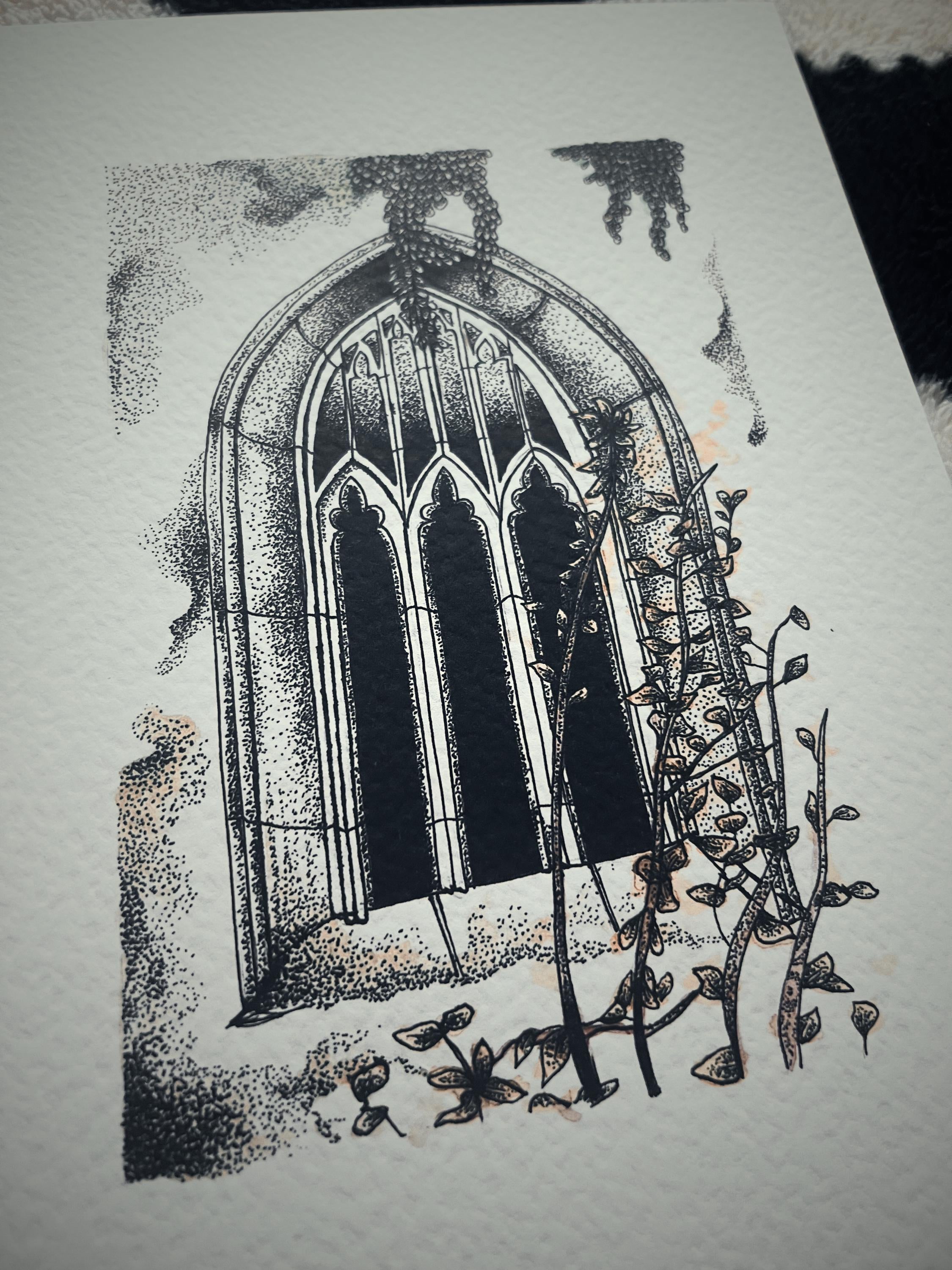 Gothic church window illustration print, A4 layered watercolor, Gothic Wall Art