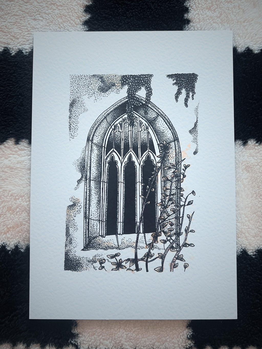 Gothic church window illustration print, A4 layered watercolor, Gothic Wall Art