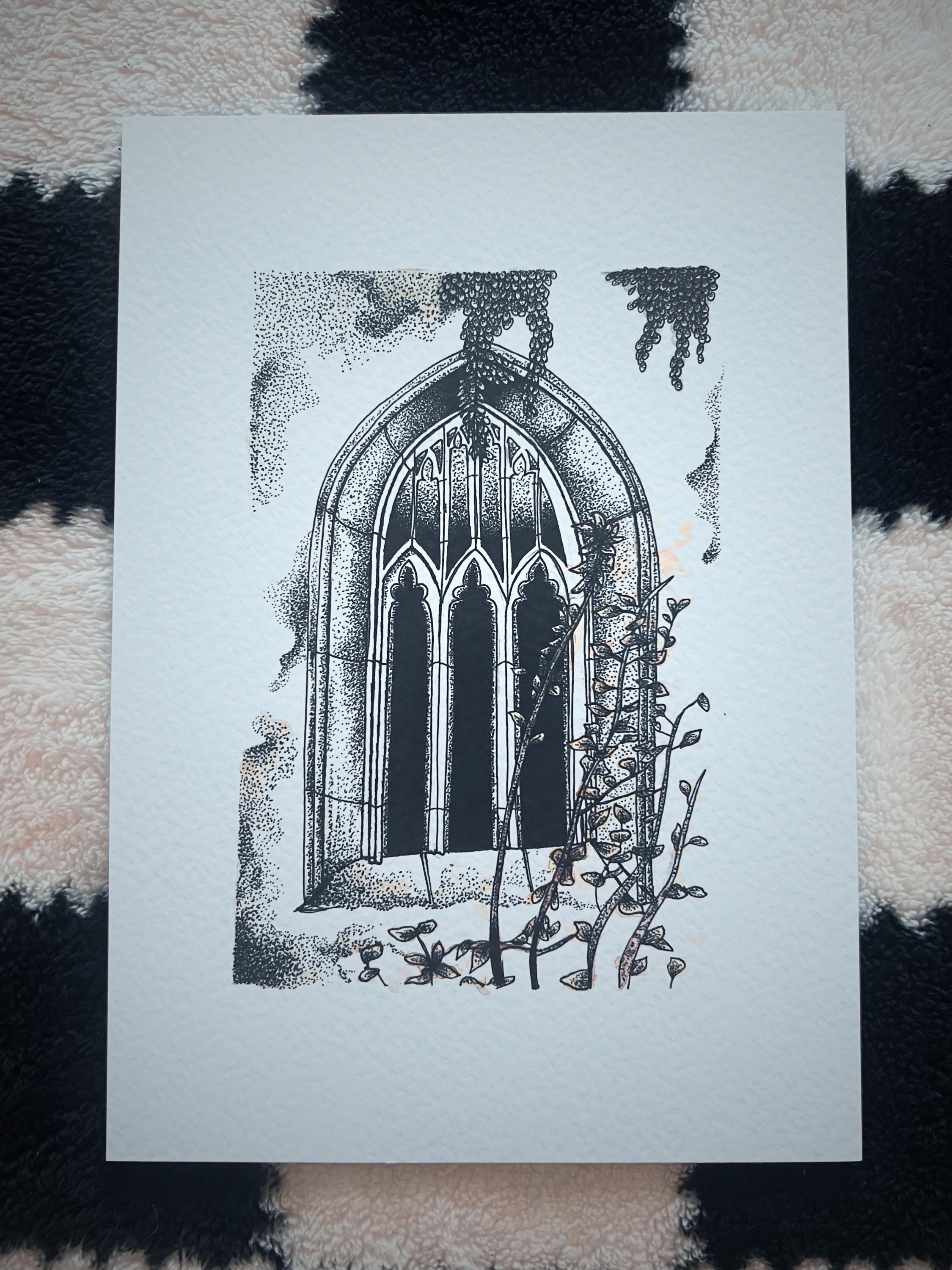 Gothic church window illustration print, A4 layered watercolor, Gothic Wall Art