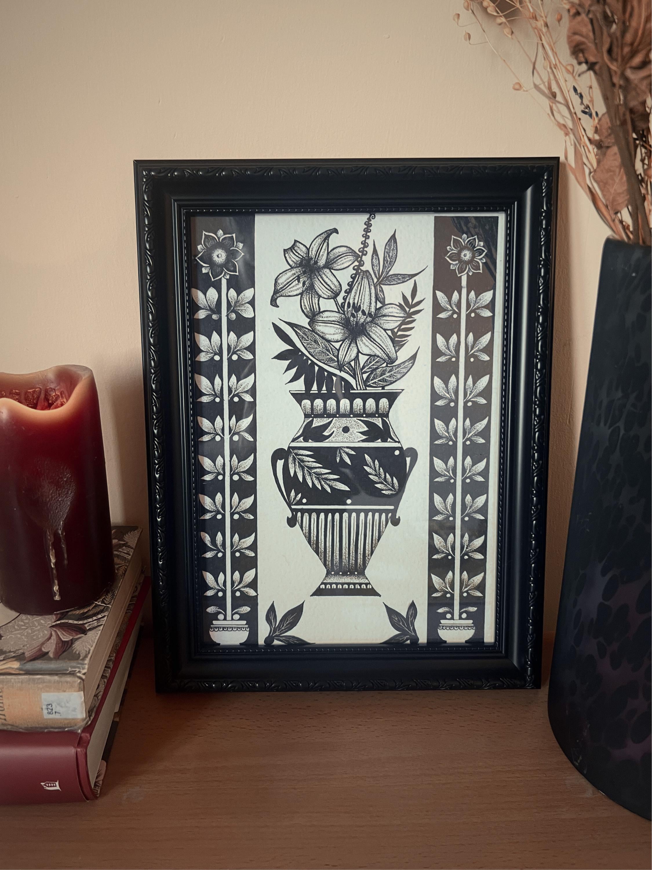 Floral Vase print ornamental illustration, blackwork dotwork A4