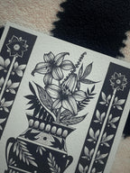 Floral Vase print ornamental illustration, blackwork dotwork A4