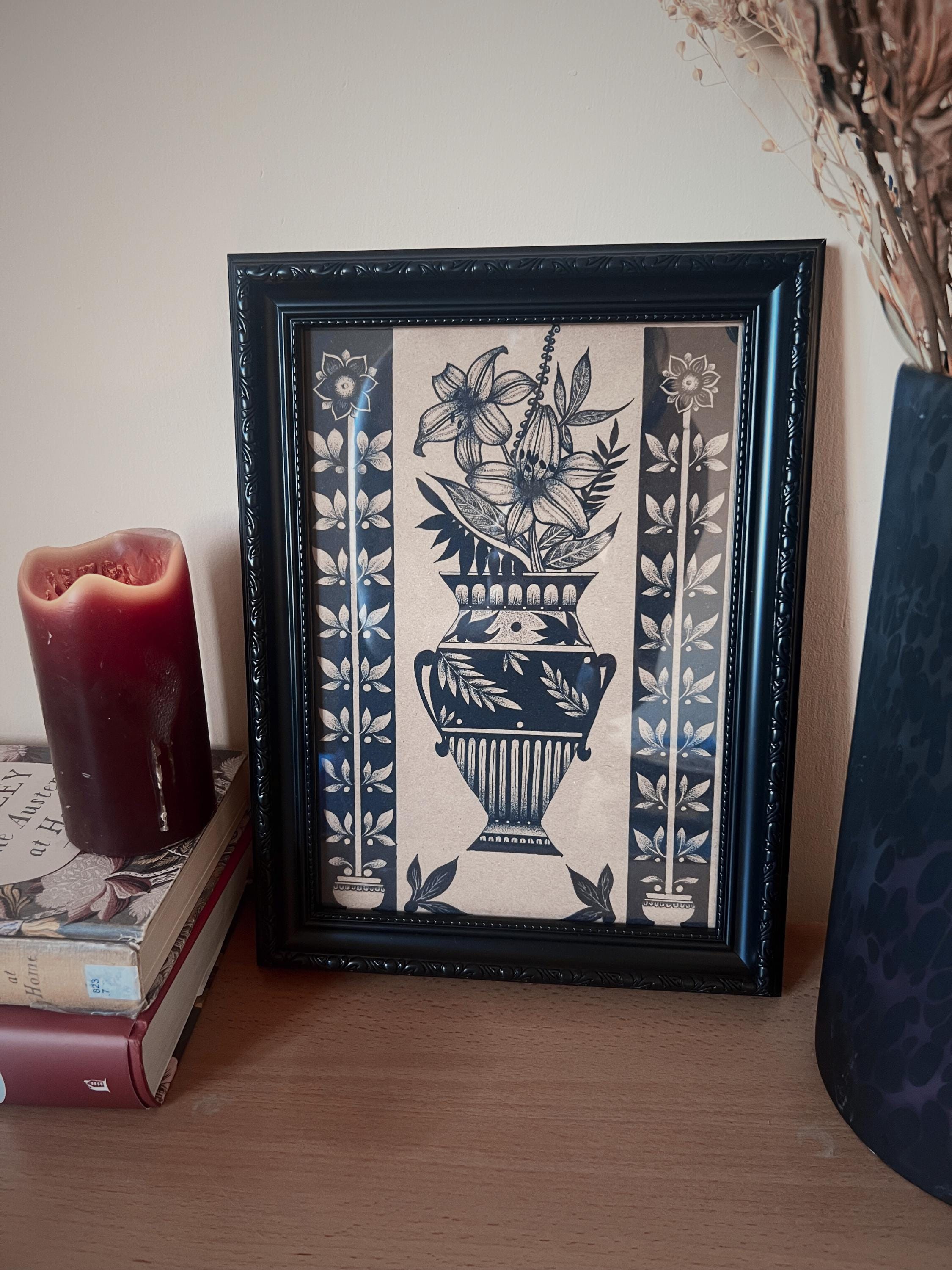 Floral Vase print ornamental illustration, blackwork dotwork A4