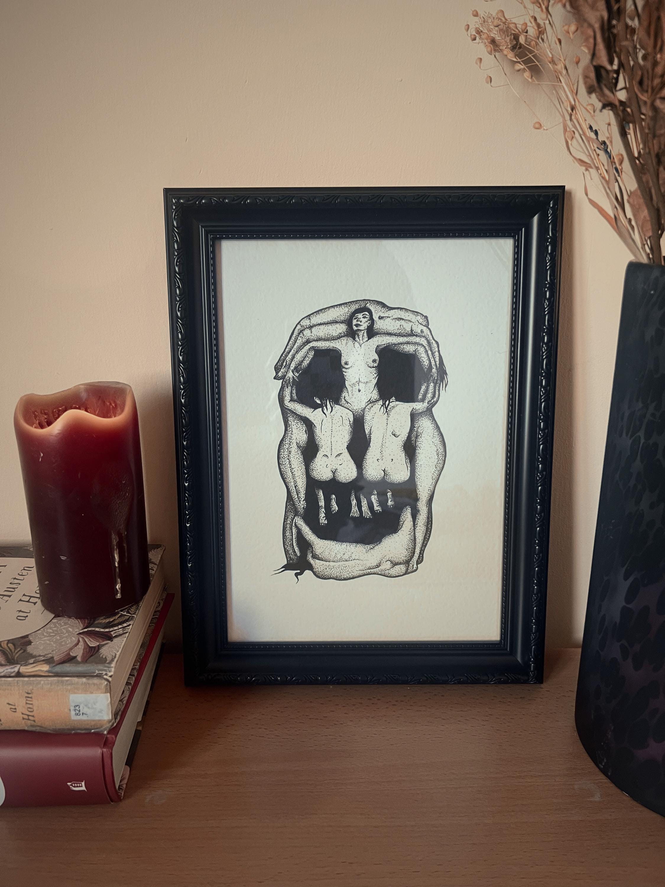 Salvador Dali Art, In Voluptas Mors, A4 black dotwork skull illustration