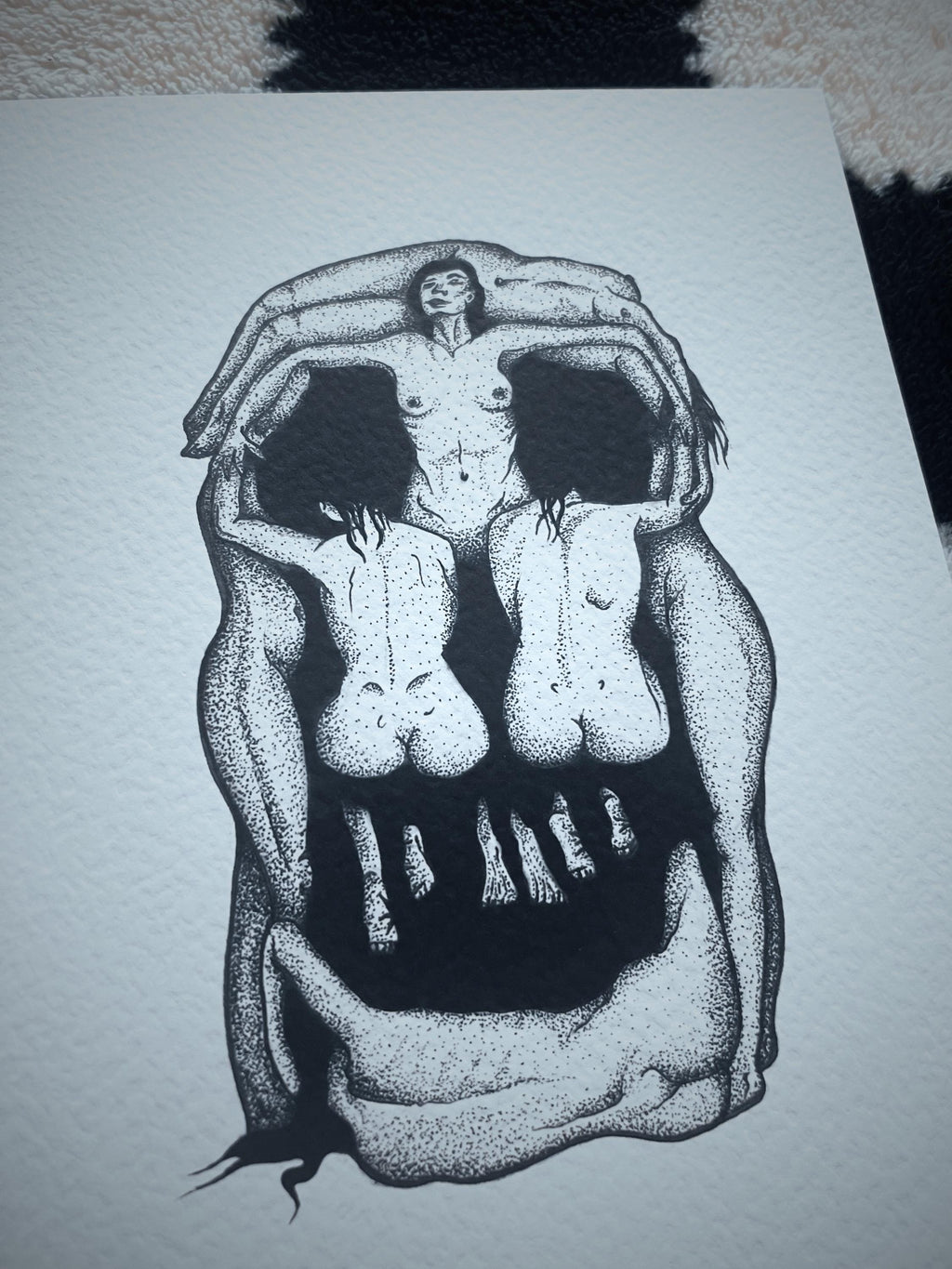 Salvador Dali Art, In Voluptas Mors, A4 black dotwork skull illustration