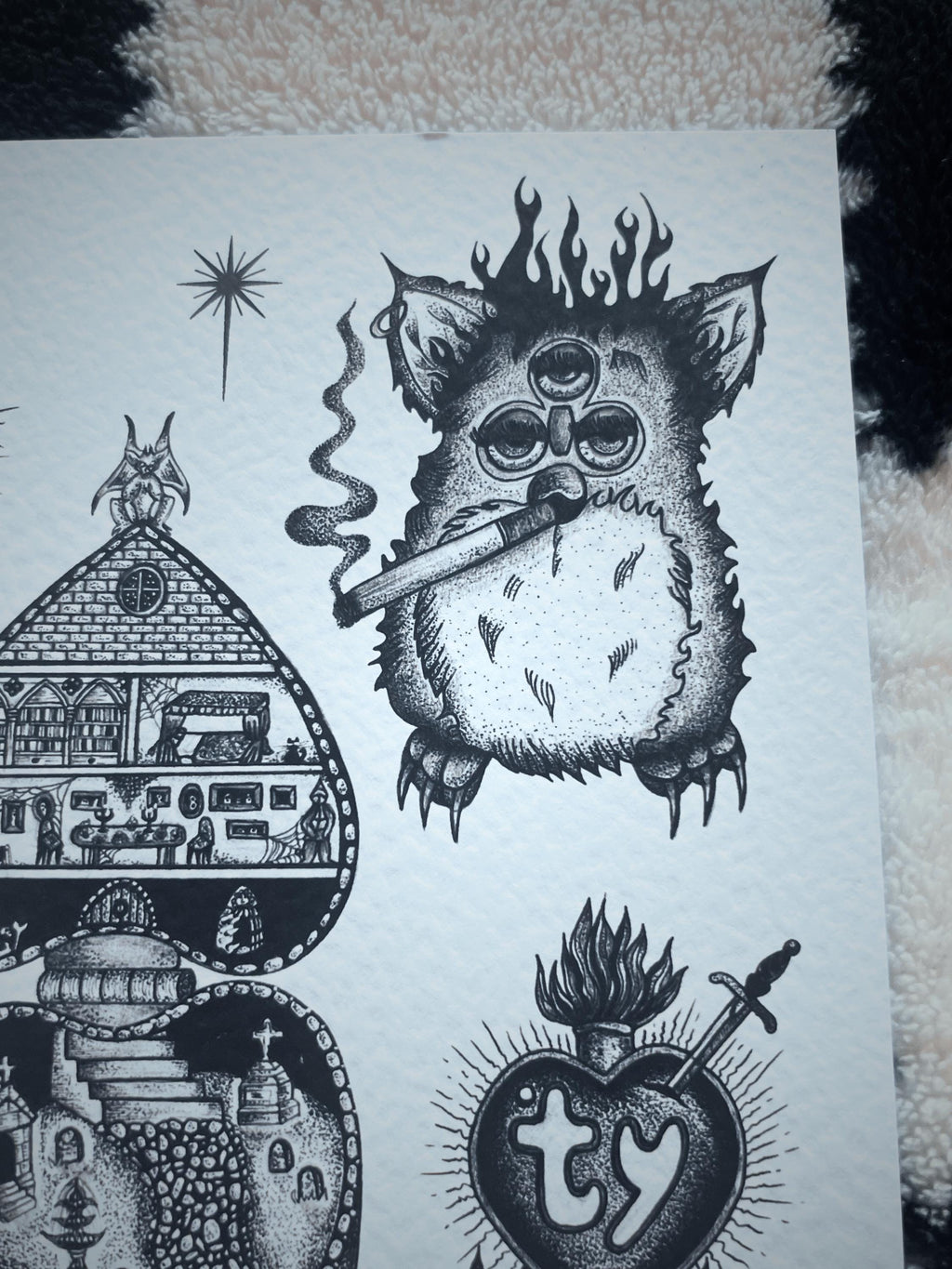 Gothic Art Print Furby, Black Tattoo Flash, A4, Dotwork Illustration