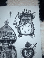 Gothic Art Print Furby, Black Tattoo Flash, A4, Dotwork Illustration