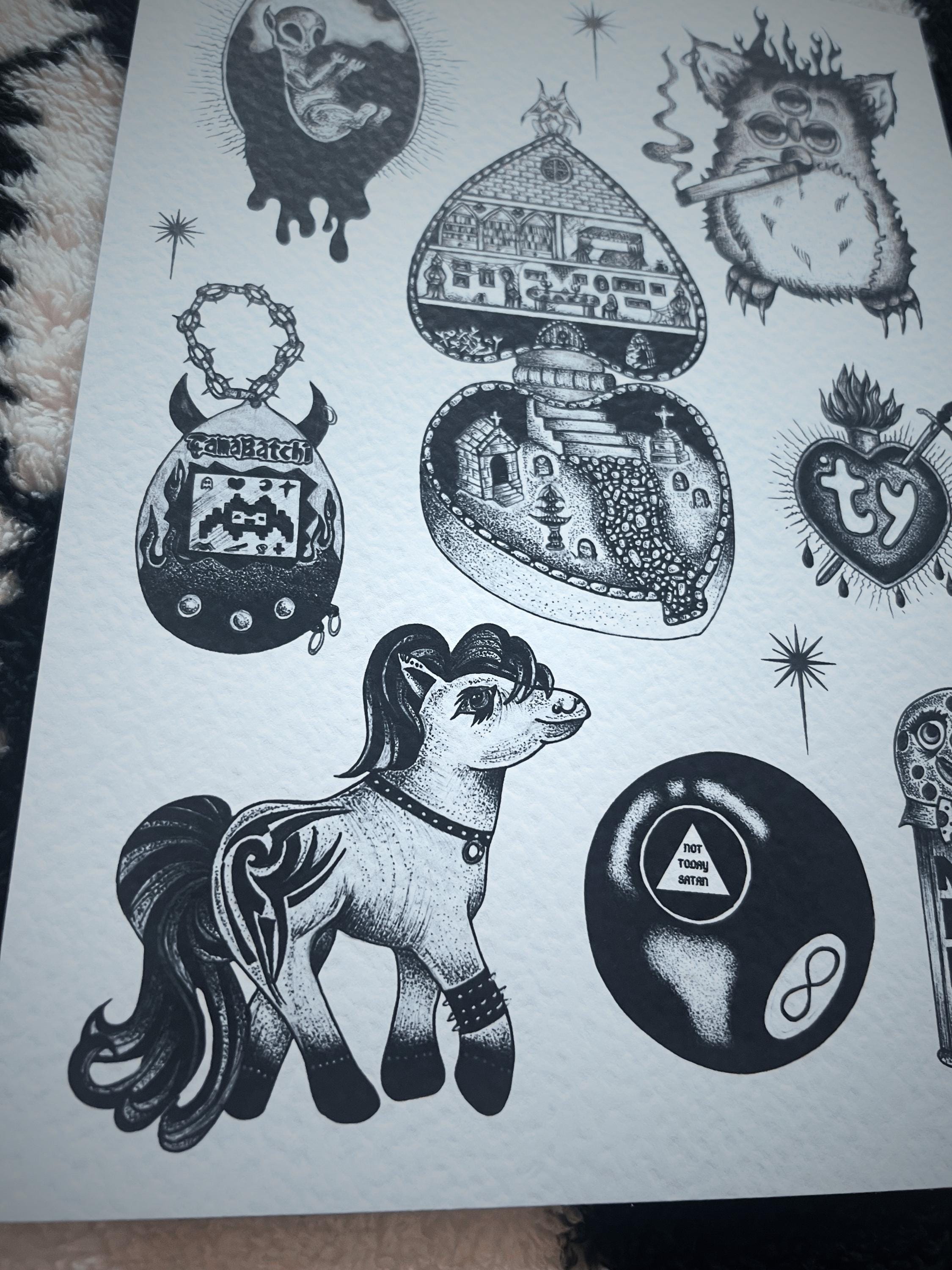 Gothic Art Print Furby, Black Tattoo Flash, A4, Dotwork Illustration
