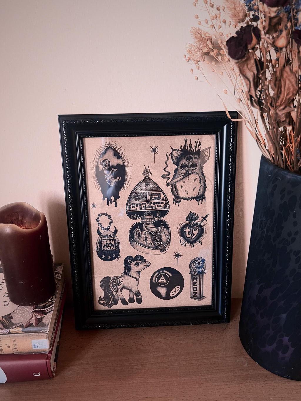 Gothic Art Print Furby, Black Tattoo Flash, A4, Dotwork Illustration