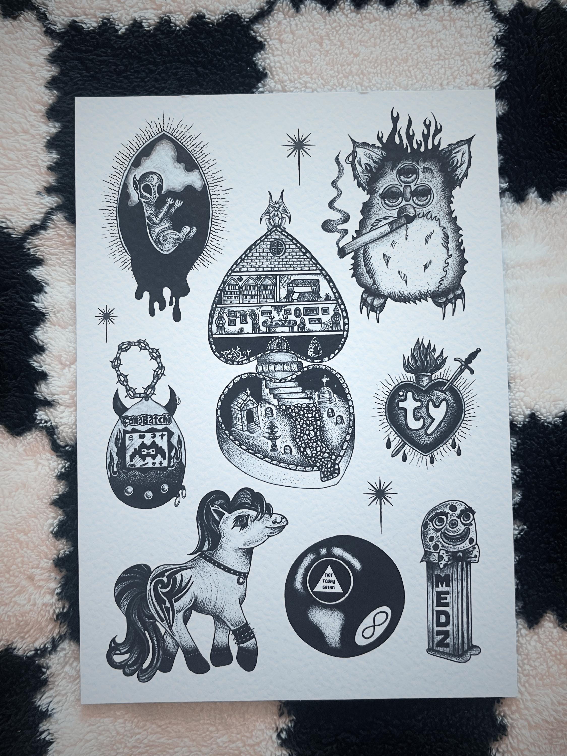 Gothic Art Print Furby, Black Tattoo Flash, A4, Dotwork Illustration