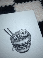 Skull ramen print illustration, A5 blackwork dotwork wall art