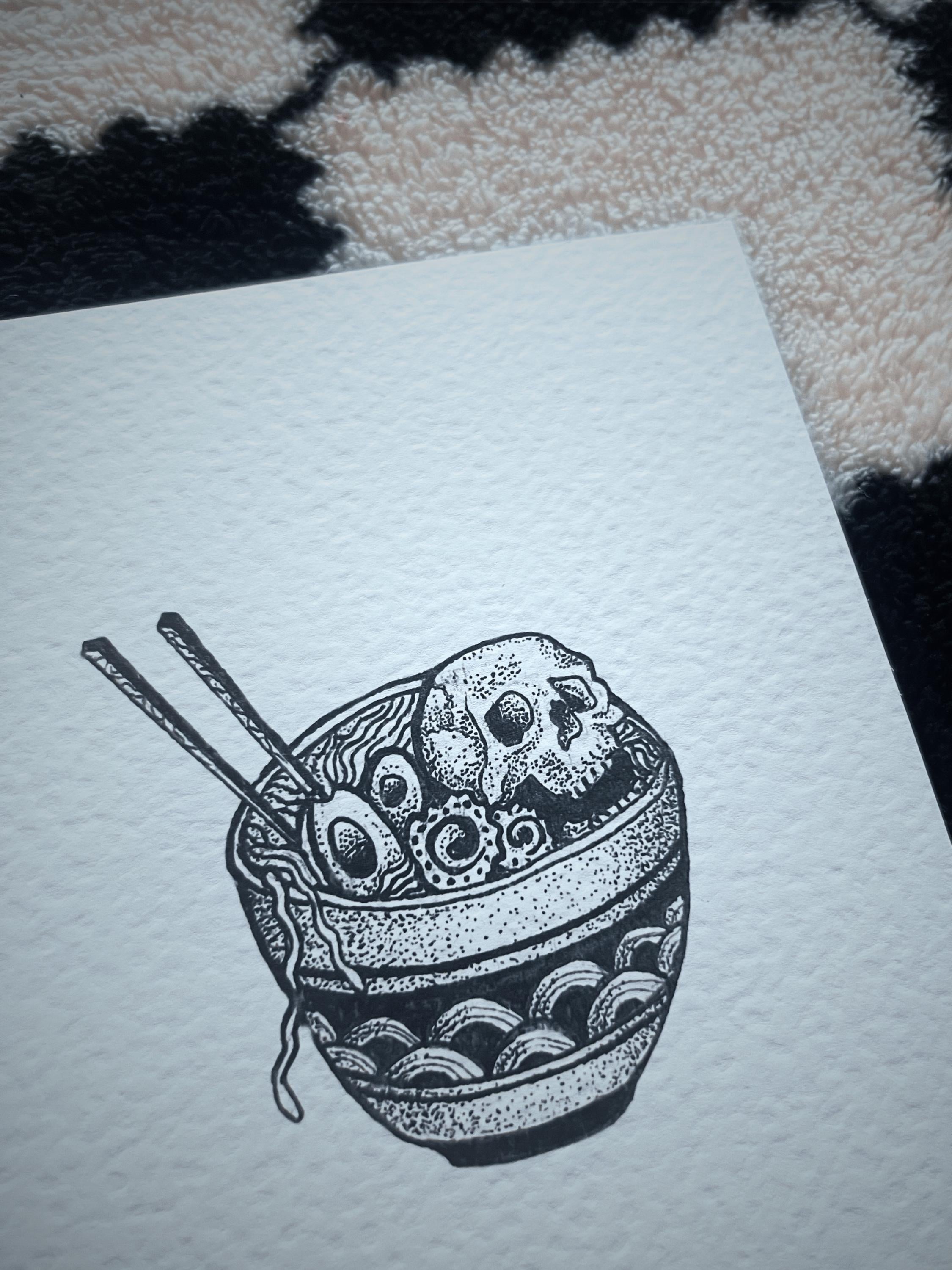 Skull ramen print illustration, A5 blackwork dotwork wall art