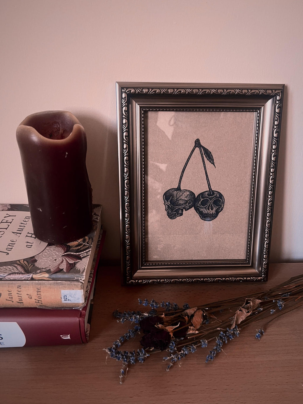 Gothic Cherry Skull Print, A5 Dotwork Illustration, Black Ink Wall Hanging