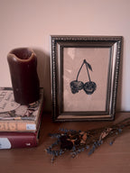 Gothic Cherry Skull Print, A5 Dotwork Illustration, Black Ink Wall Hanging