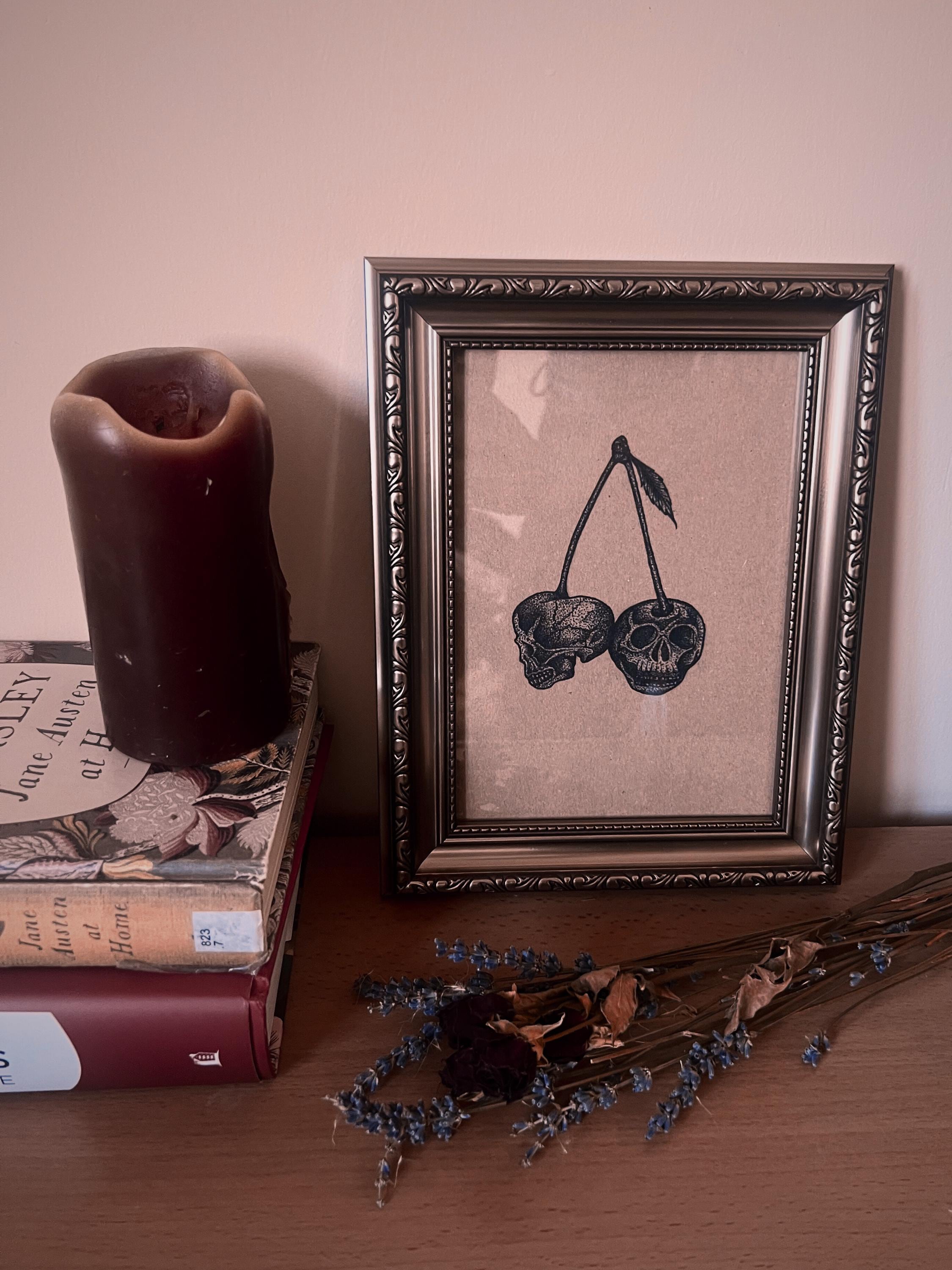 Gothic Cherry Skull Print, A5 Dotwork Illustration, Black Ink Wall Hanging