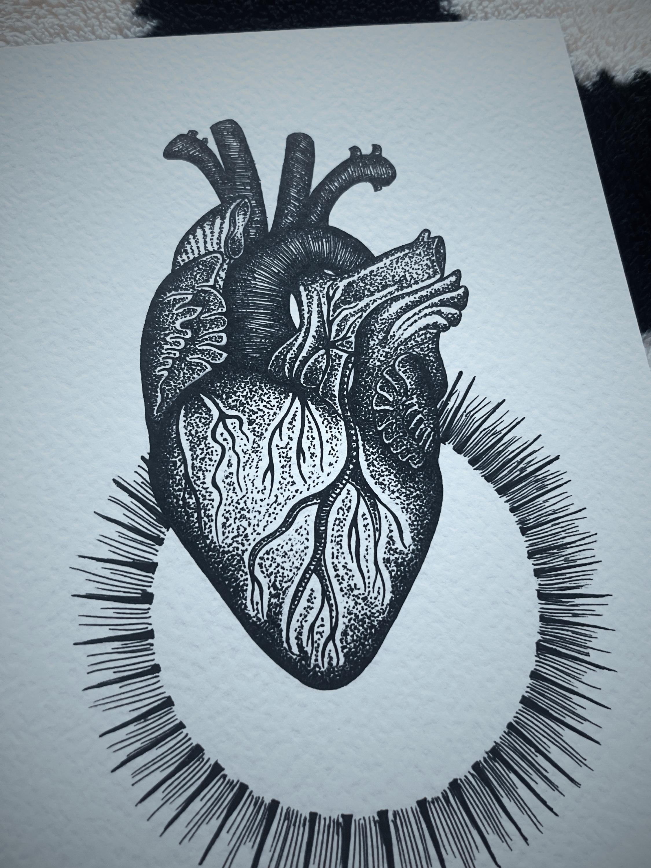 Anatomical heart art print, A4 wall art, blackwork dotwork