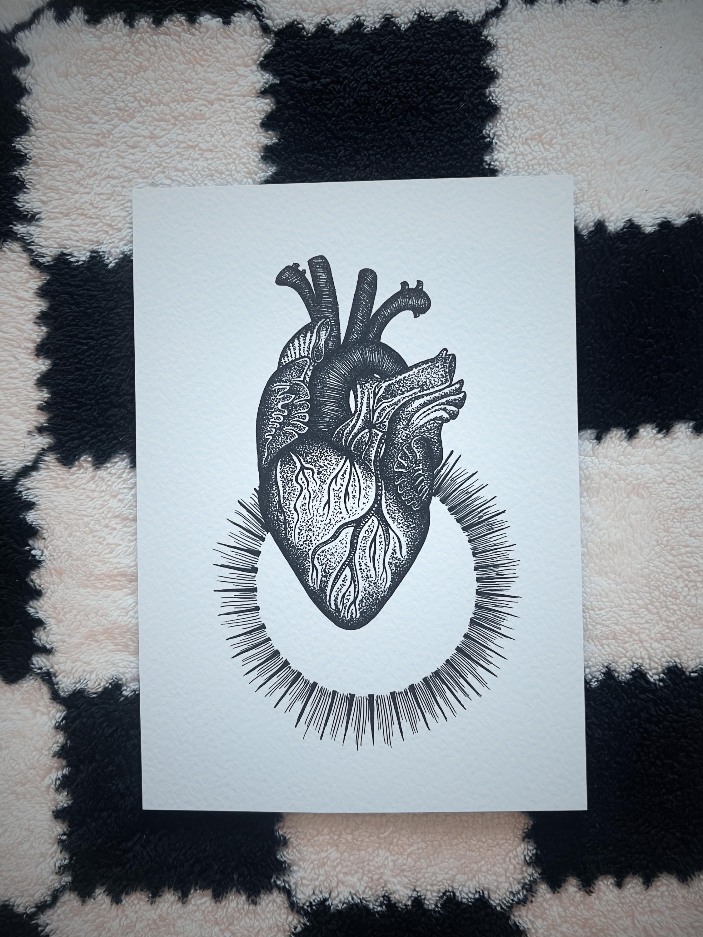 Anatomical heart art print, A4 wall art, blackwork dotwork