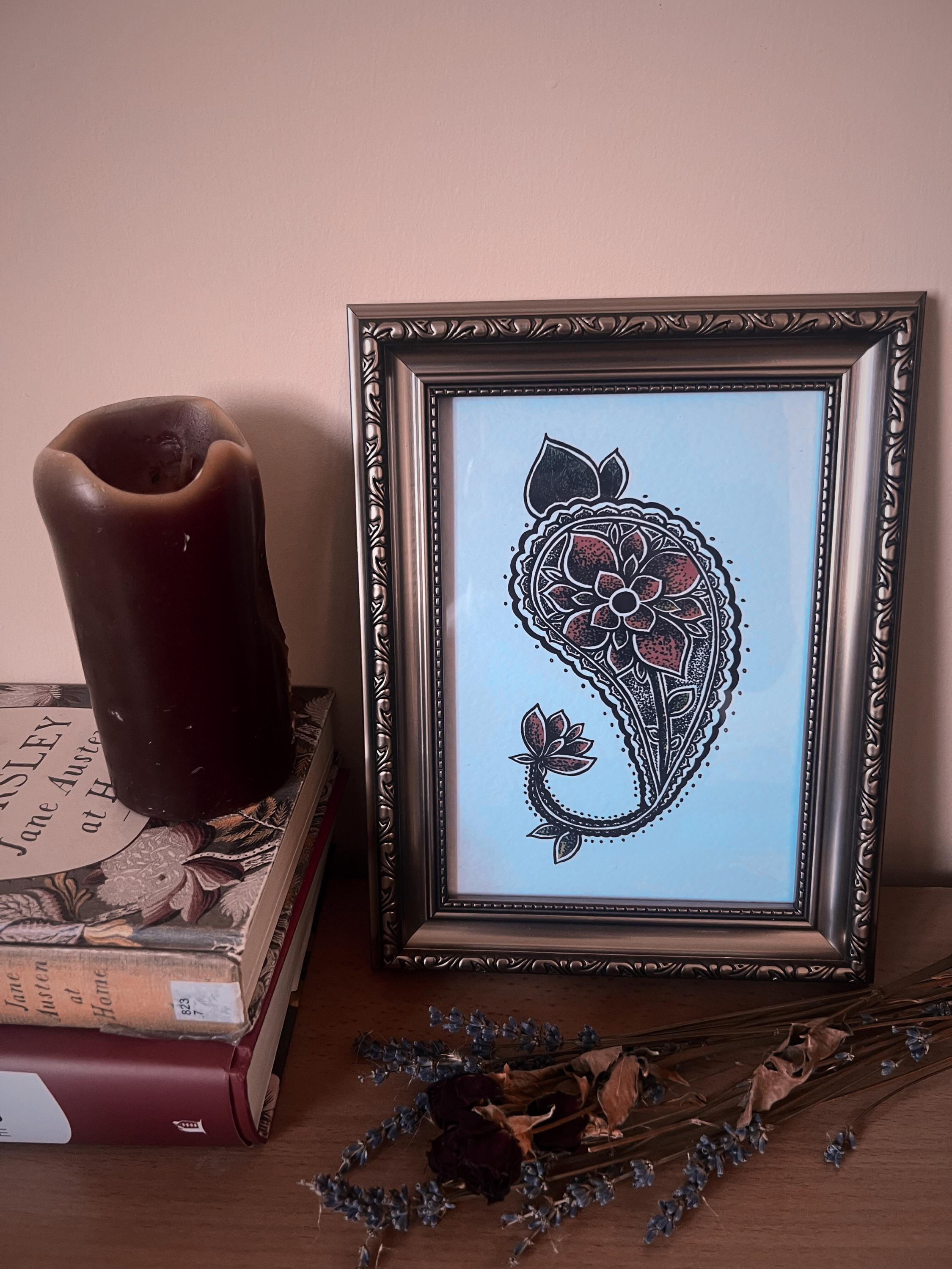 Paisley Wall Art, floral illustration print, A5 black dotwork