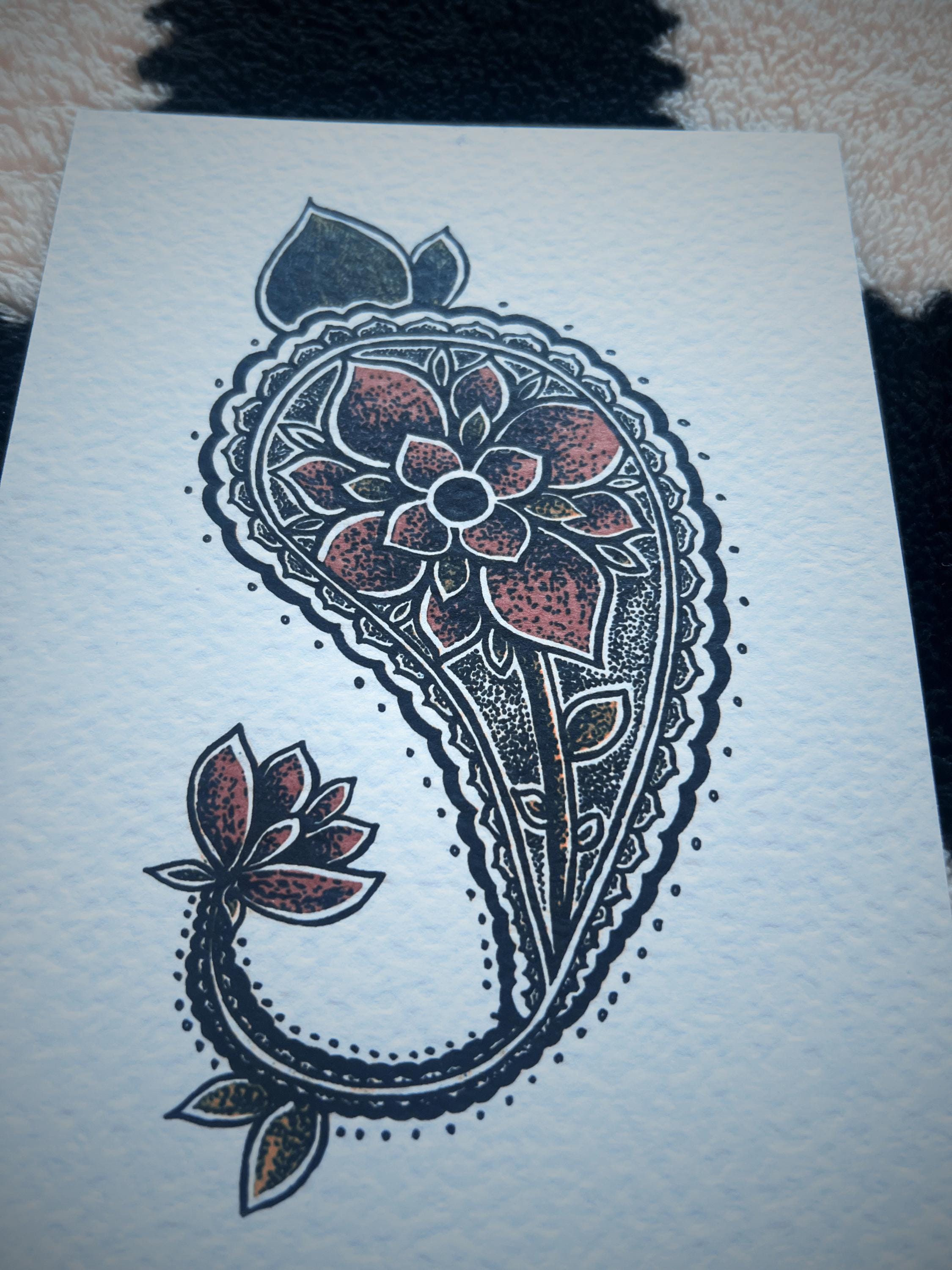 Paisley Wall Art, floral illustration print, A5 black dotwork
