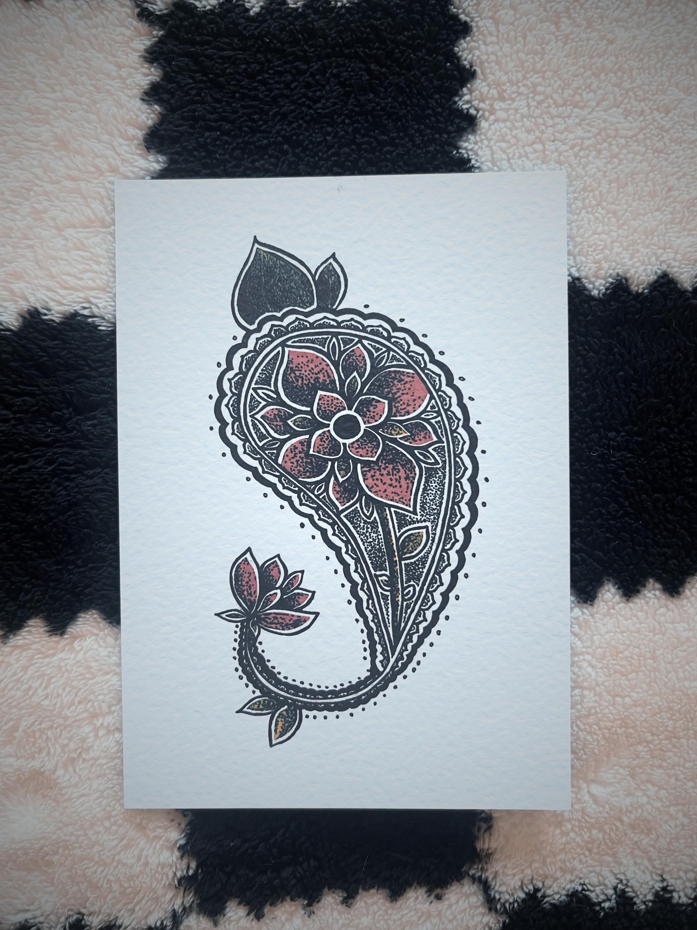 Paisley Wall Art, floral illustration print, A5 black dotwork