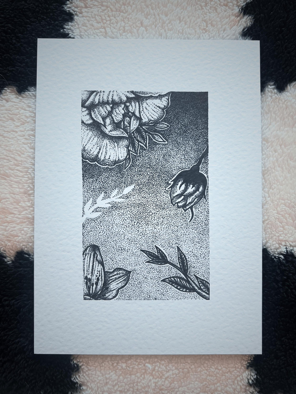 Floral illustration print A5, black and white dotwork small wall print