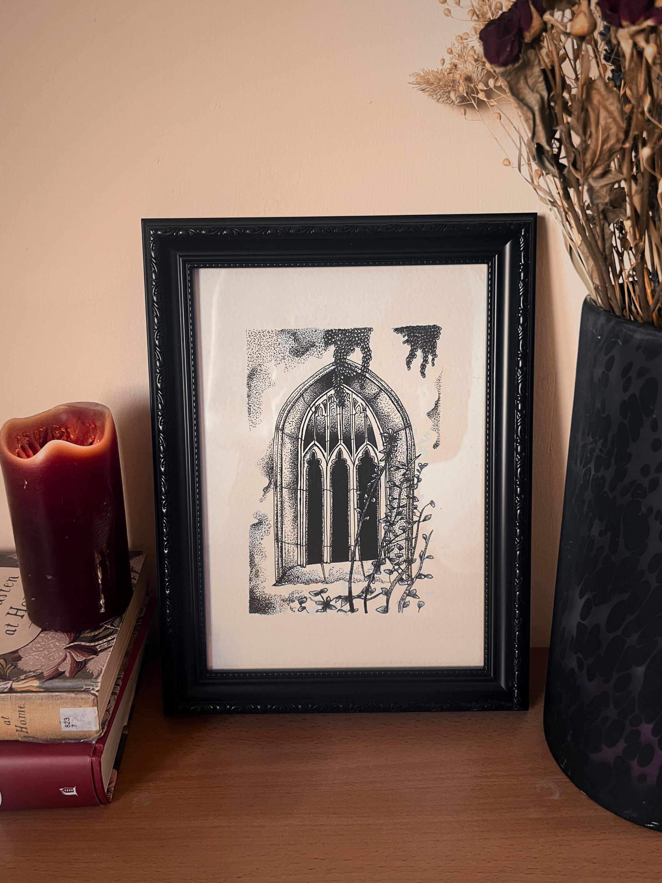 Gothic church window illustration print, A4 layered watercolor, Gothic Wall Art