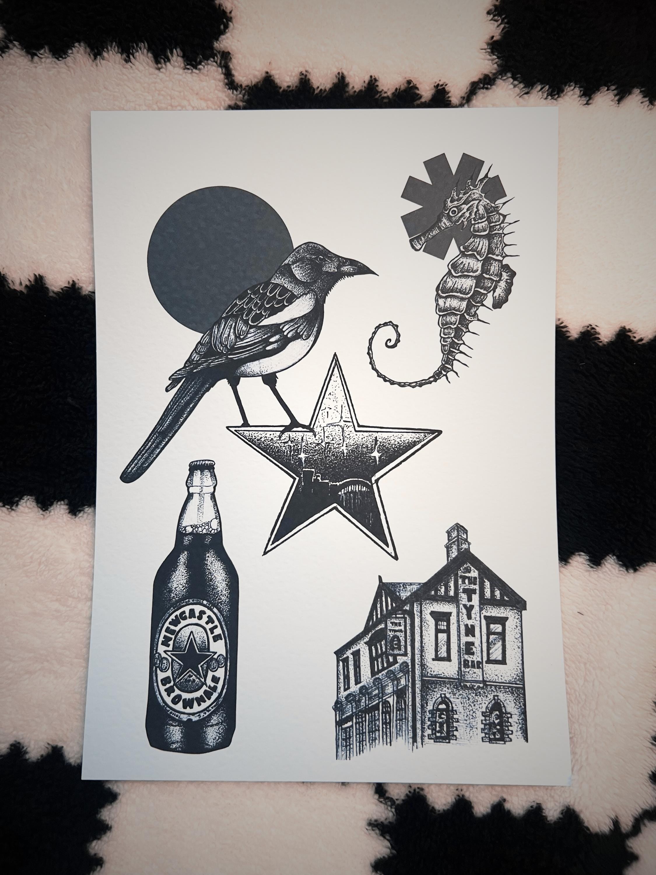 Newcastle Art print A4, dotwork blackwork magpie, Tyne Bridge brown ale bar