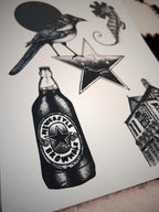 Newcastle Art print A4, dotwork blackwork magpie, Tyne Bridge brown ale bar