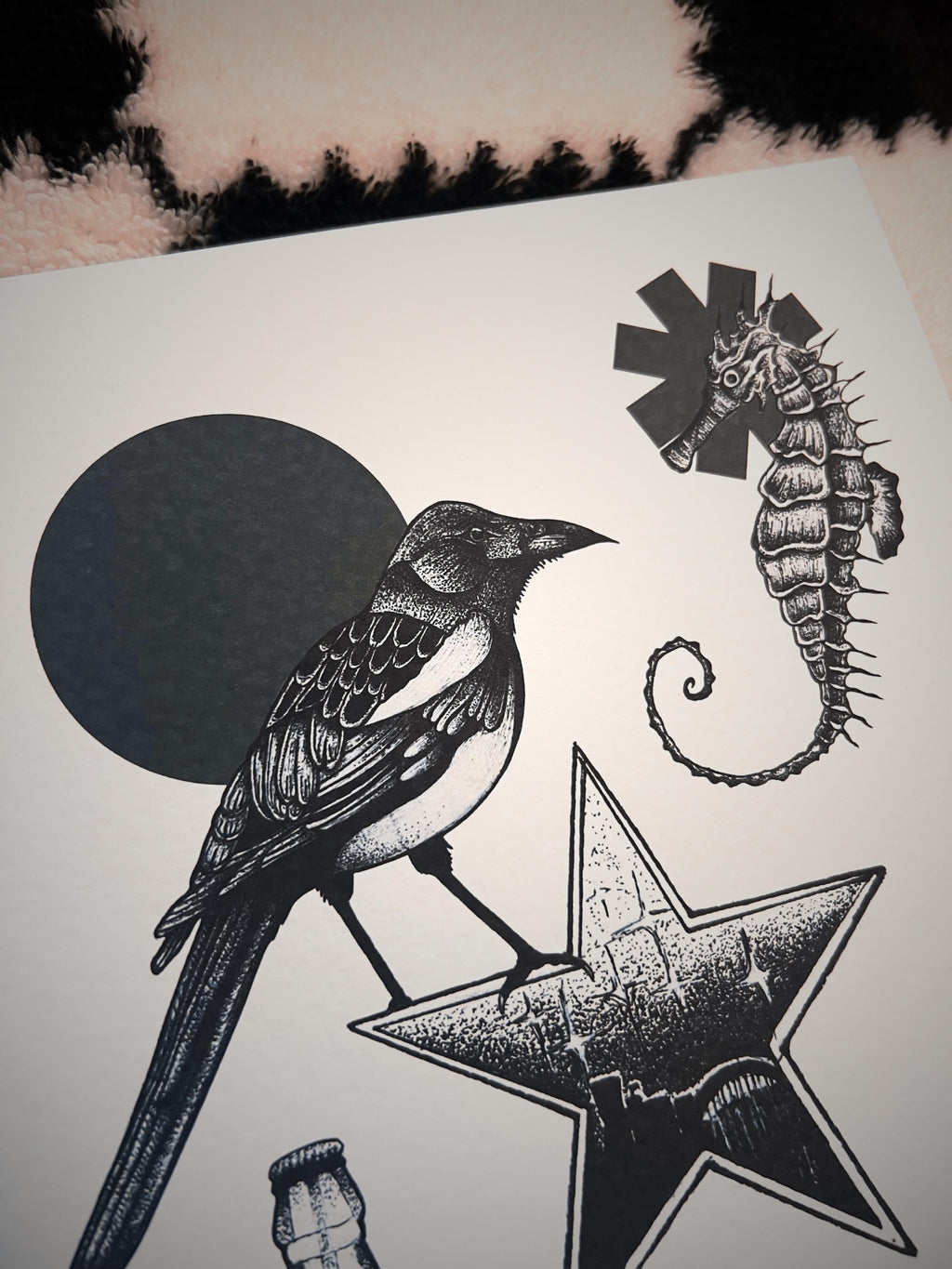Newcastle Art print A4, dotwork blackwork magpie, Tyne Bridge brown ale bar
