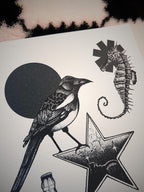 Newcastle Art print A4, dotwork blackwork magpie, Tyne Bridge brown ale bar