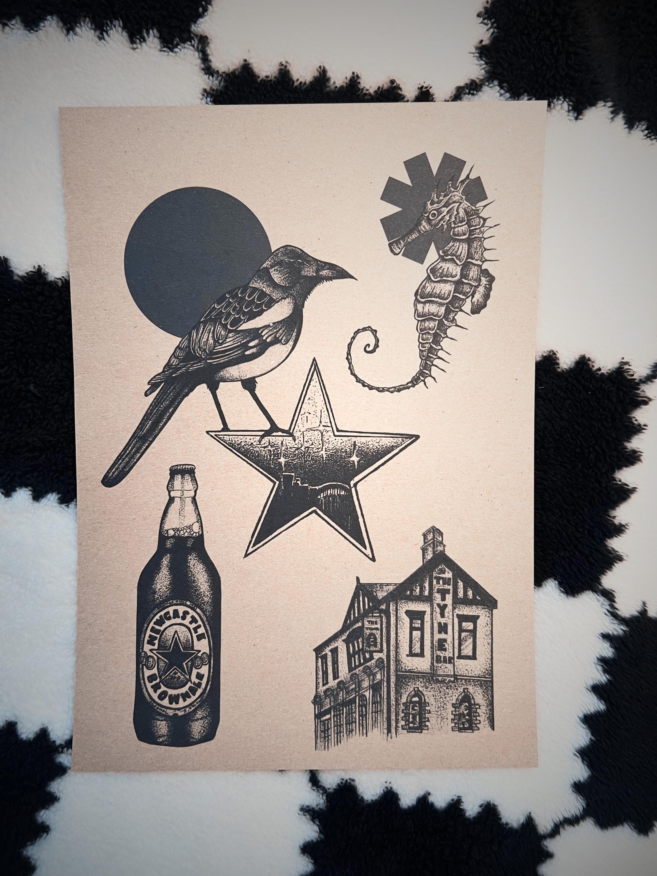 Newcastle Art print A4, dotwork blackwork magpie, Tyne Bridge brown ale bar