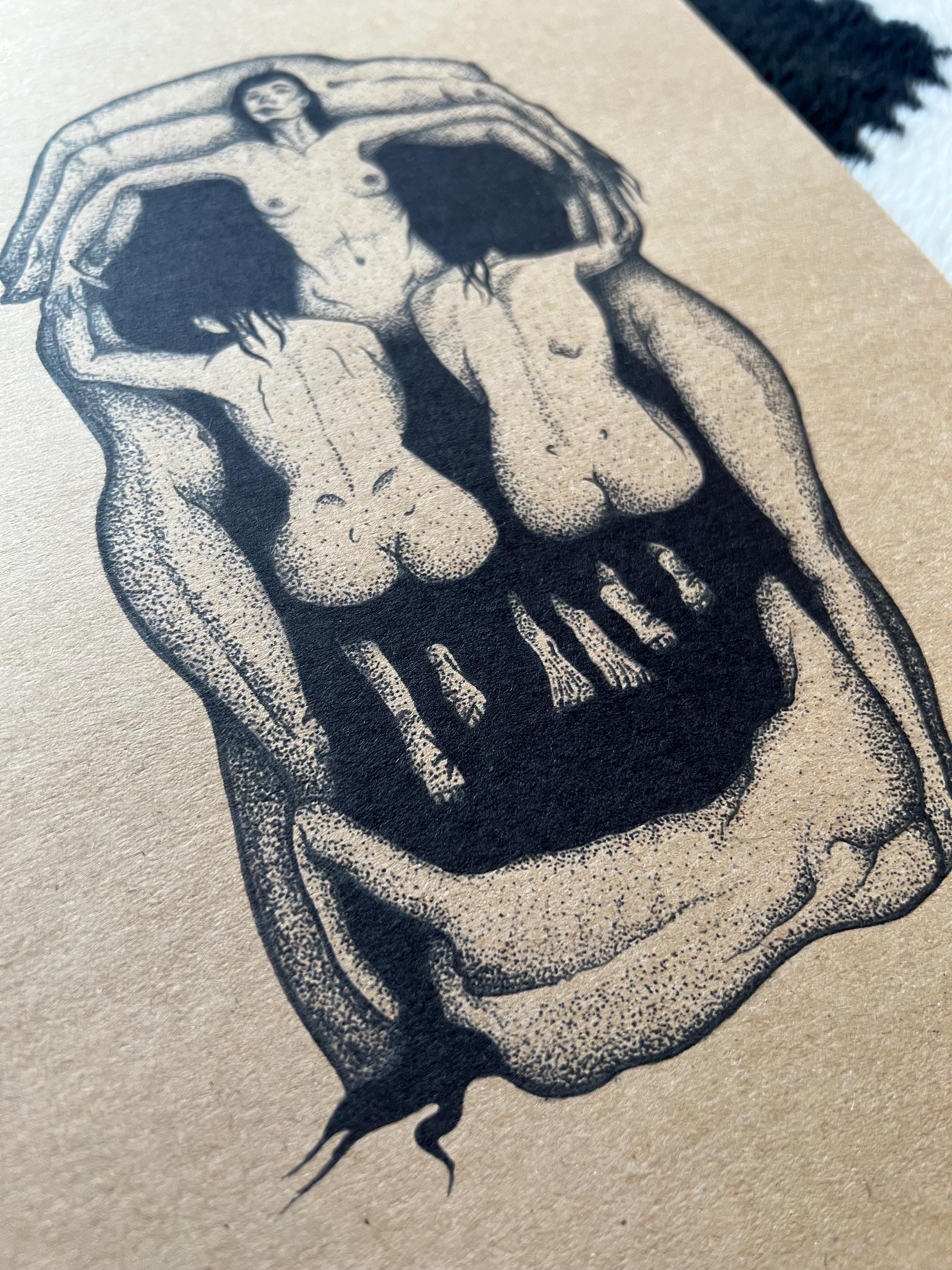 Salvador Dali Art, In Voluptas Mors, A4 black dotwork skull illustration