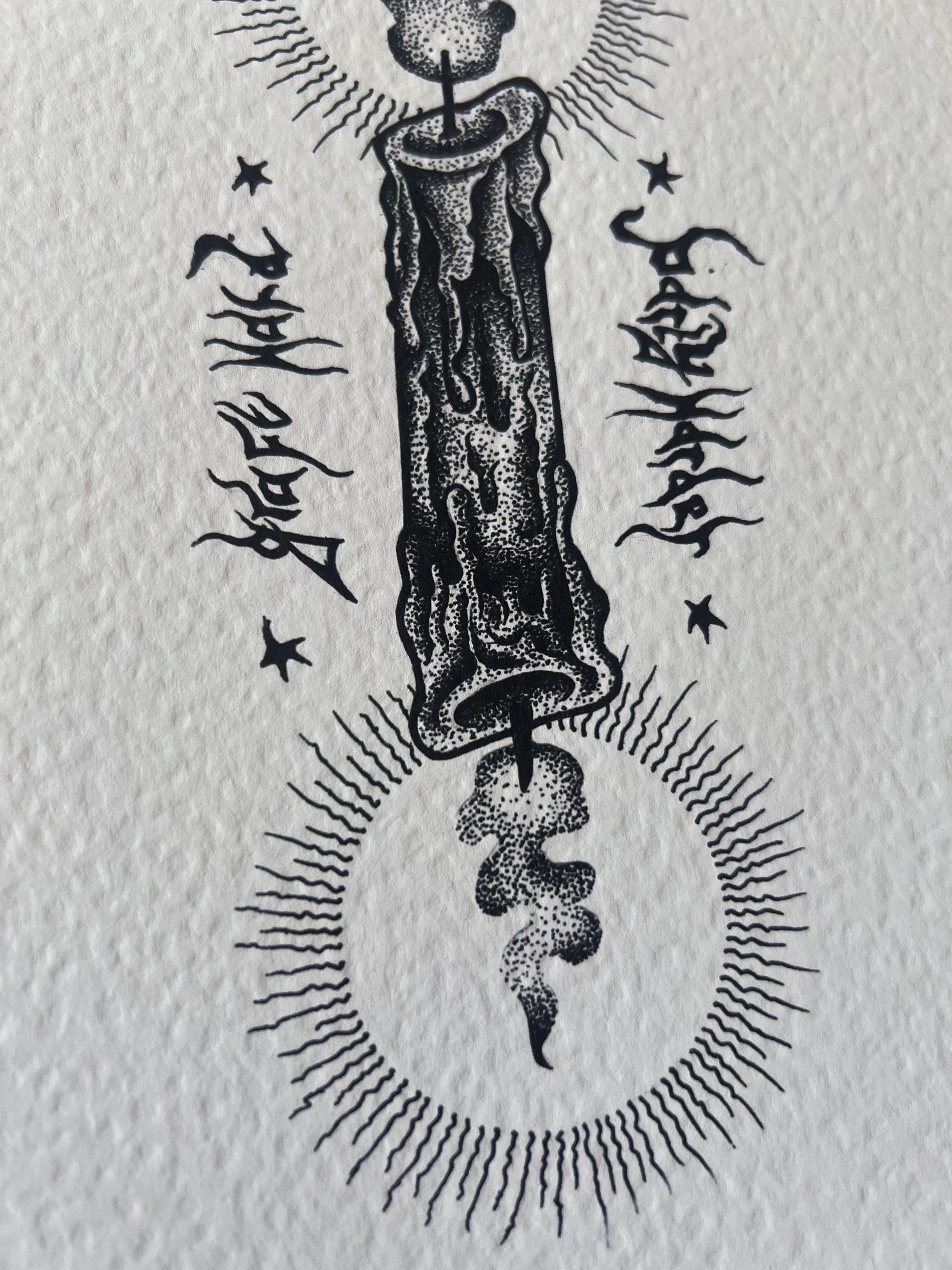 Gothic Candle Art Print Illustration, Black Dotwork A4 Poster