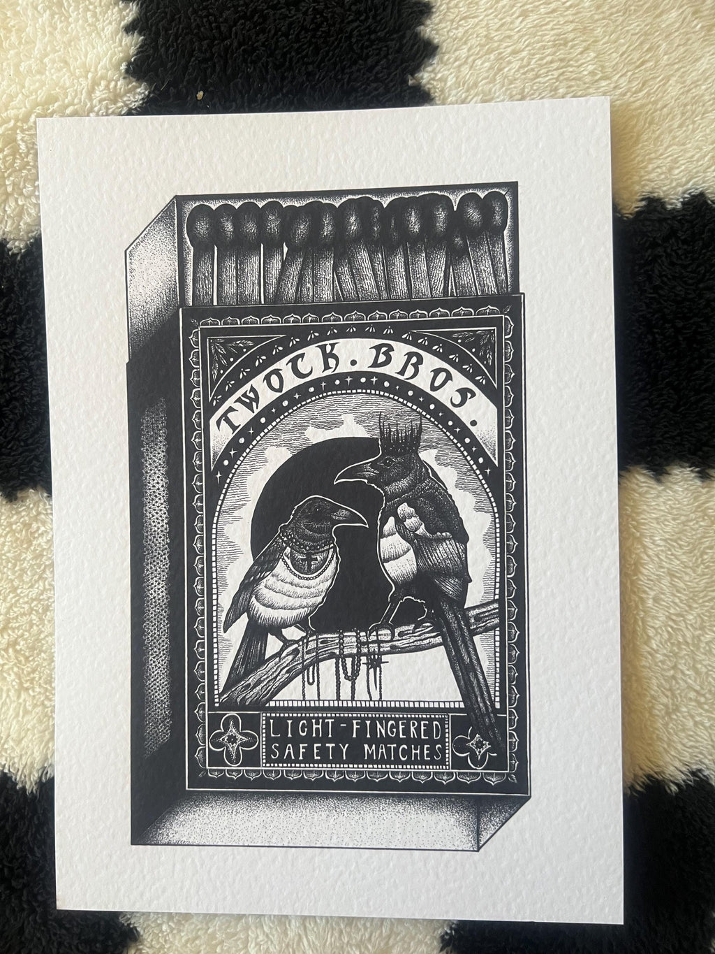 Magpie Art Print, A4 wall art, blackwork dotwork drawing, Matchbox Design