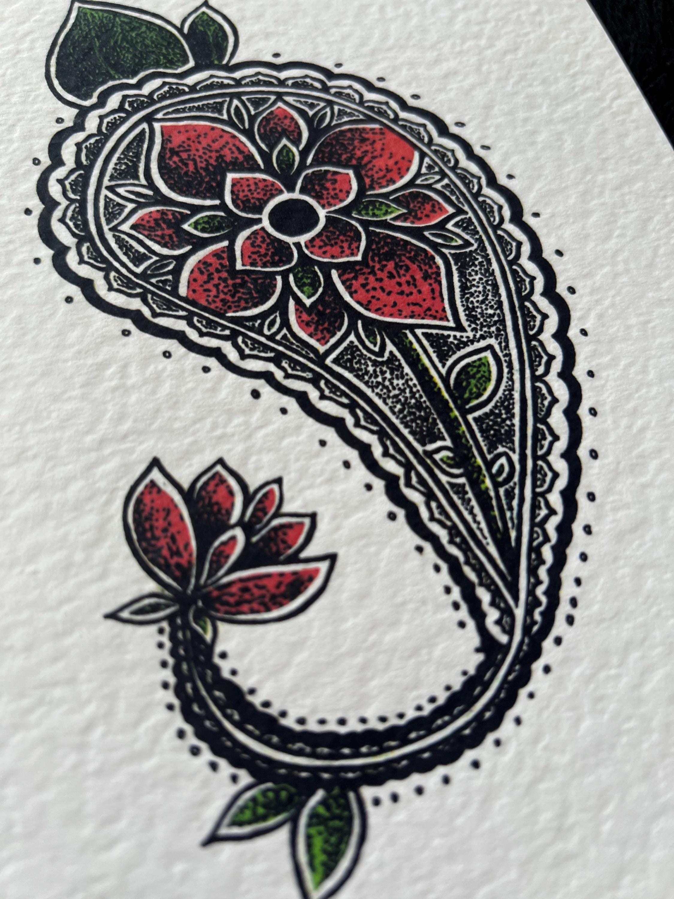 Paisley Wall Art, floral illustration print, A5 black dotwork