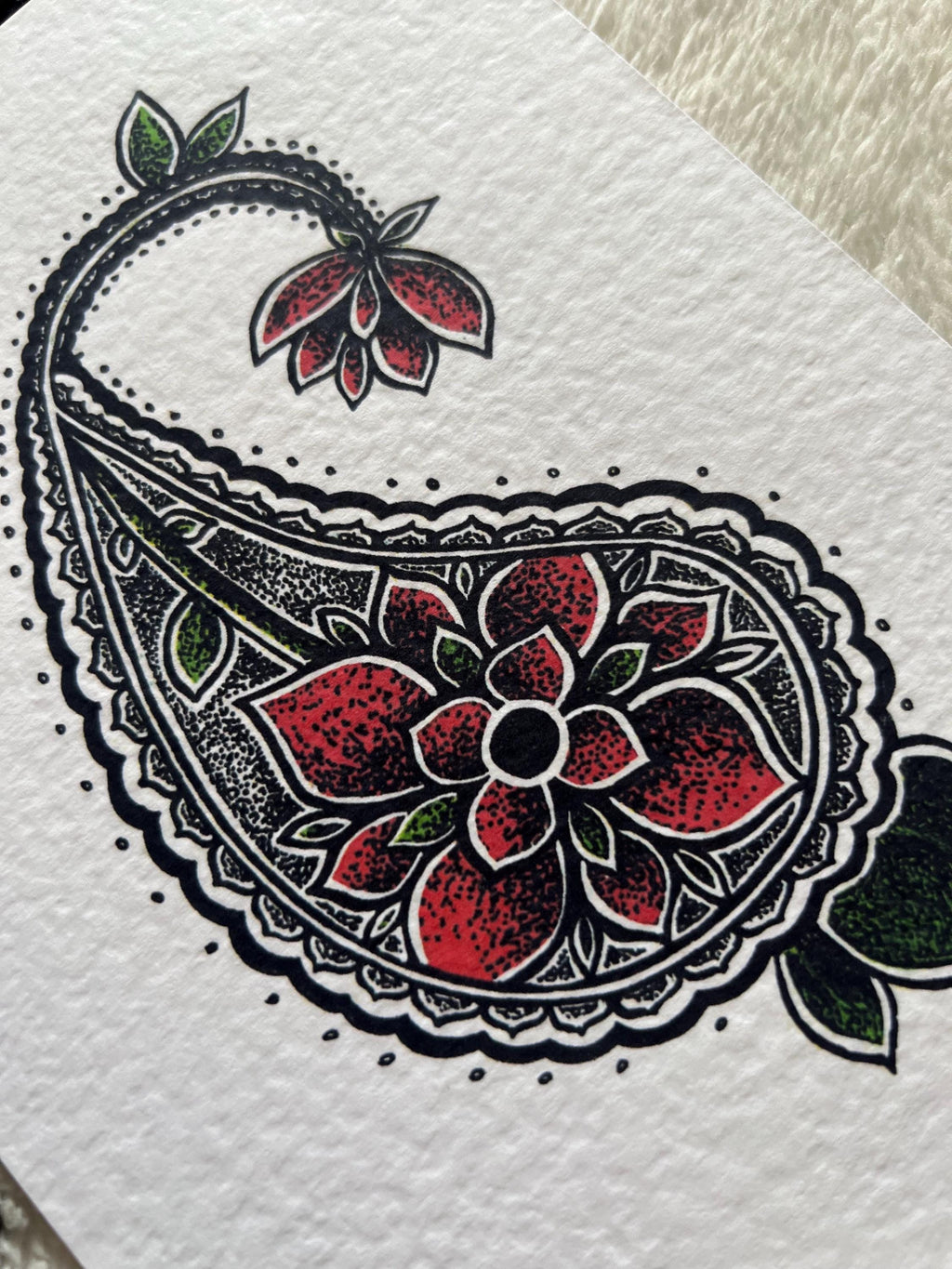 Paisley Wall Art, floral illustration print, A5 black dotwork