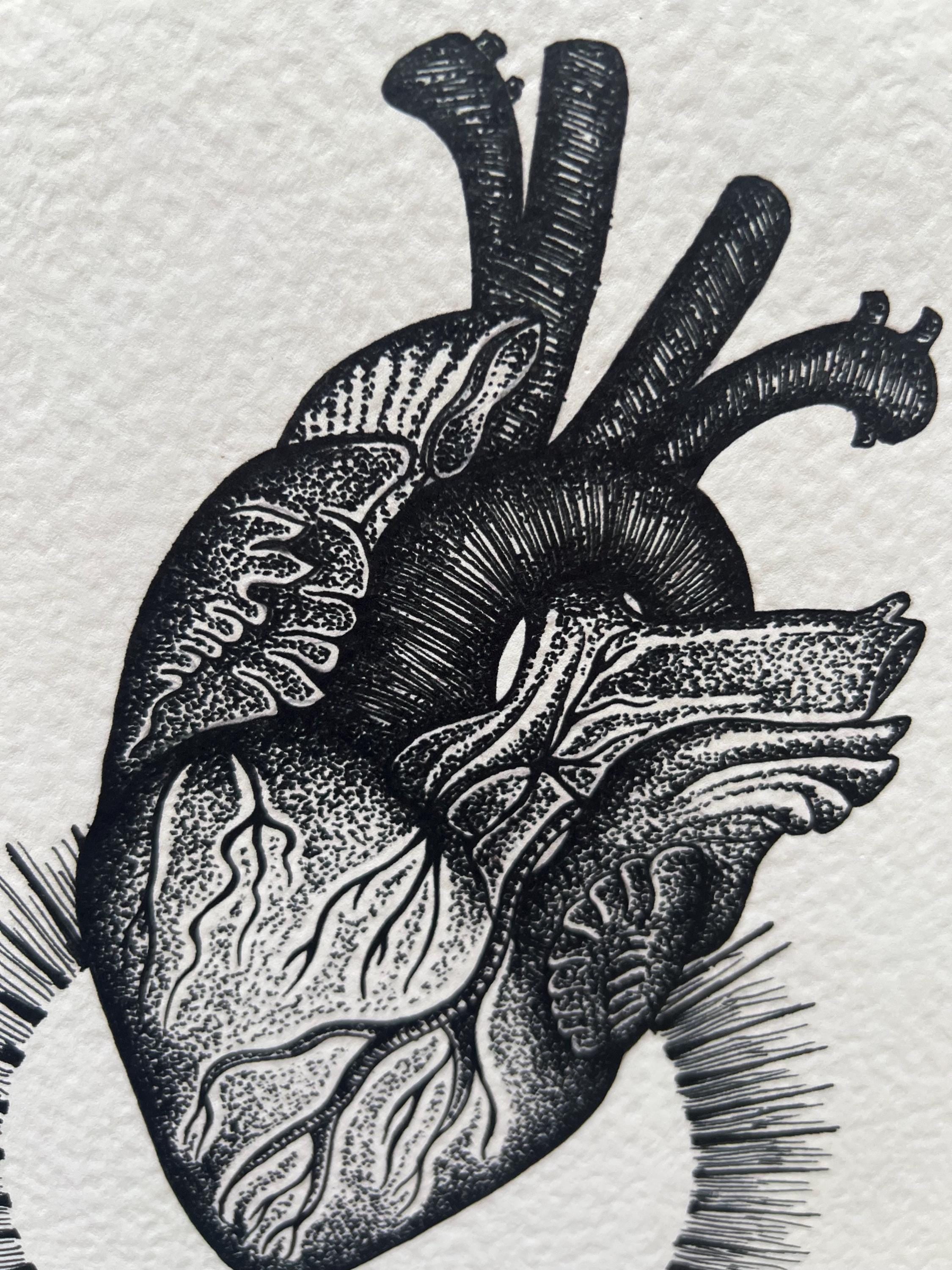 Anatomical heart art print, A4 wall art, blackwork dotwork